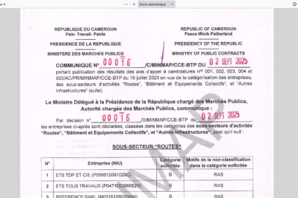 COMMUNIQUE N°00016/C/MINMAP/CCE-BTP du 02 sept 2025
